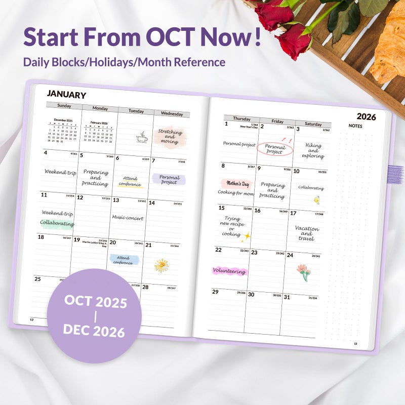 SUNEE 2026 Weekly & Monthly Hardcover Planner 5.5"" x 8.3"" - 12 Month (January 2026 - December 2026), Small Hardcover Planner, Pocket, Notes, 100 GSM Paper, Purple - Image 3